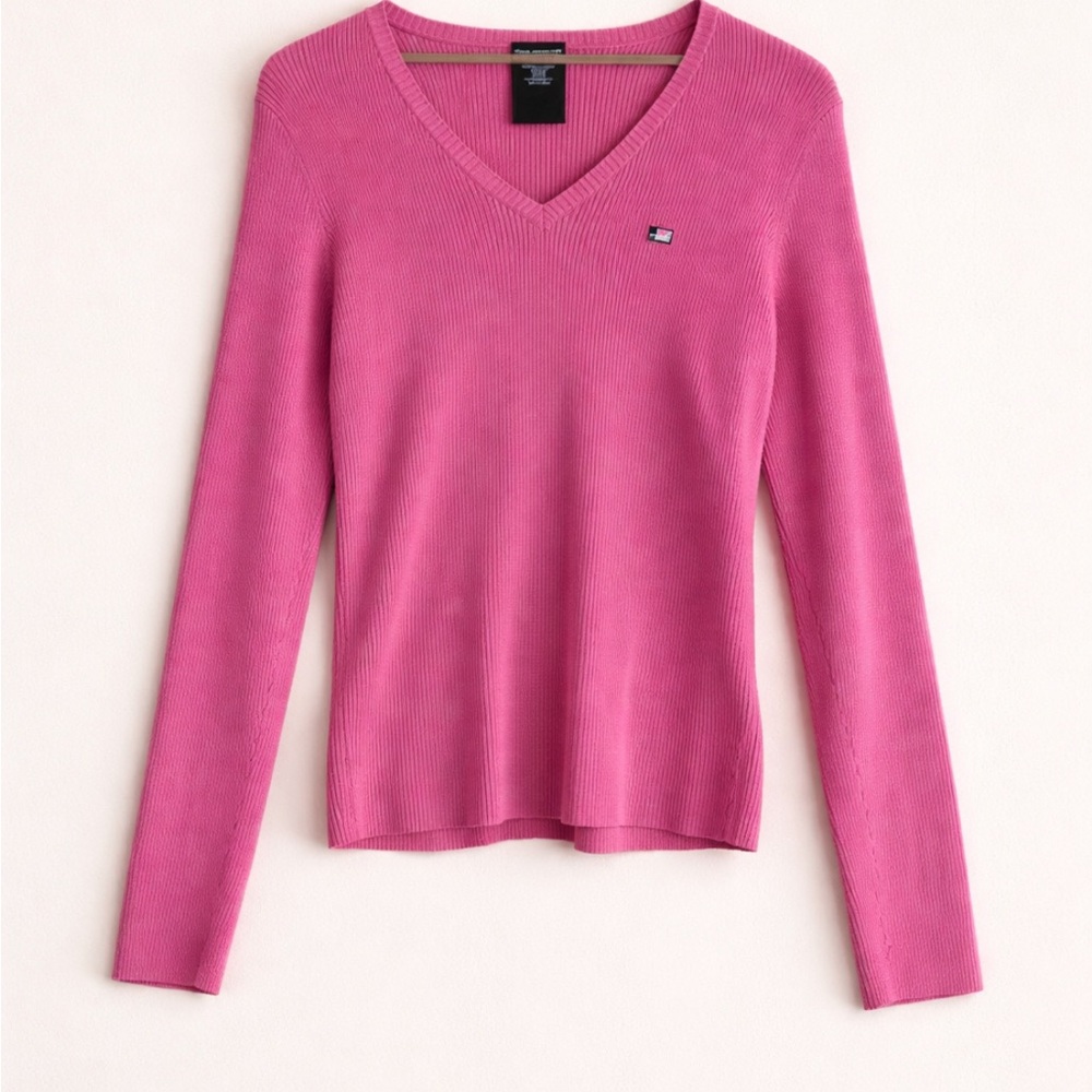 Y2K Polo Jeans Co Ralph Lauren Pink Ribbed V-Neck Sweater XL Cotton Blend